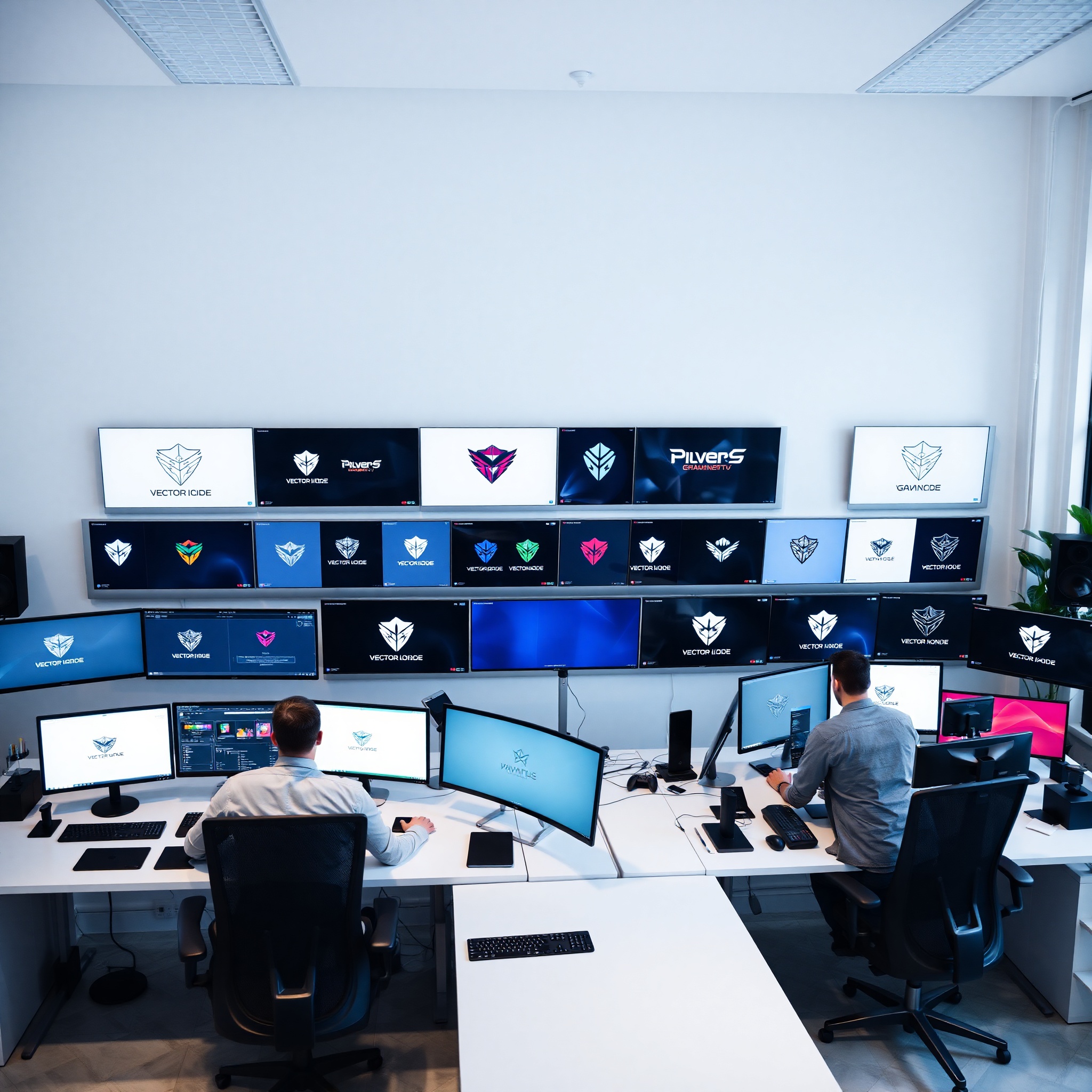 Estudio de diseño profesional con computadoras mostrando evolución de logos vectoriales