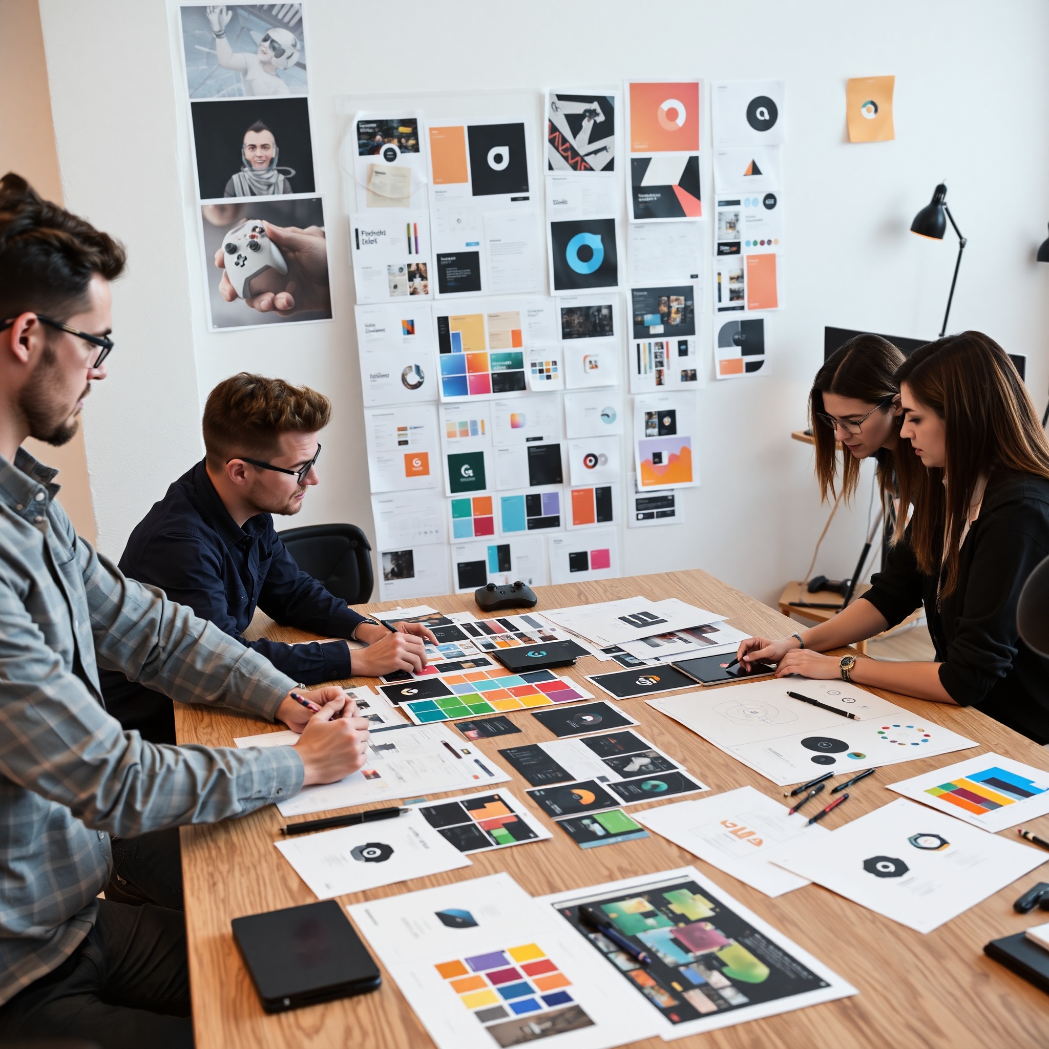 Equipo de diseño trabajando en estrategia de branding para estudio de videojuegos