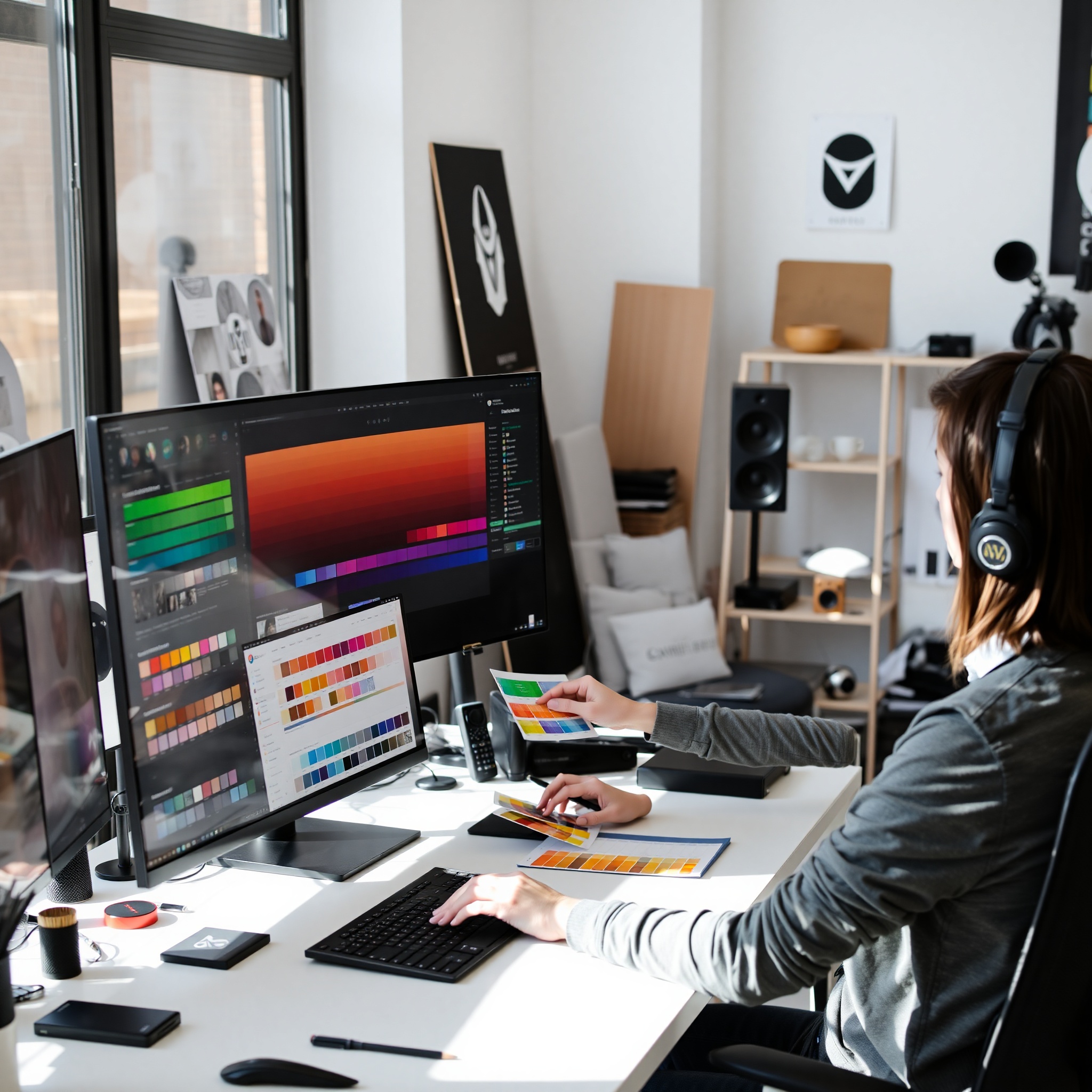 Profesional de diseño trabajando en paleta de colores sólidos para interfaz de videojuego