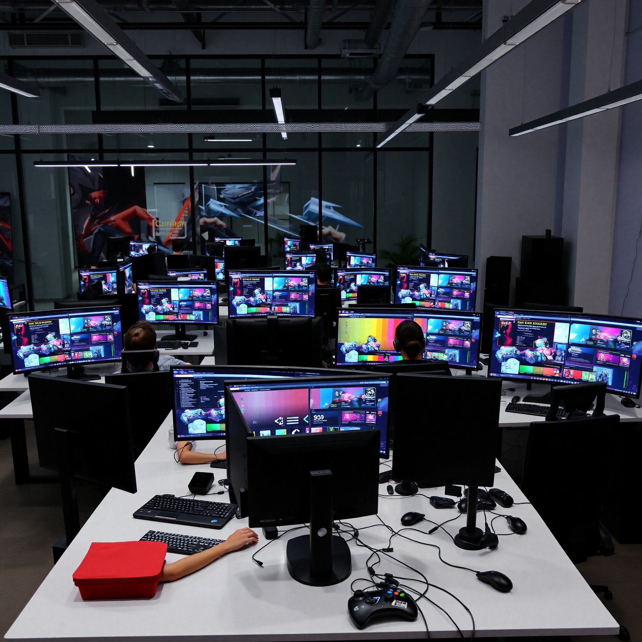 Equipo de diseñadores trabajando en proyecto de videojuego con múltiples monitores mostrando interfaces