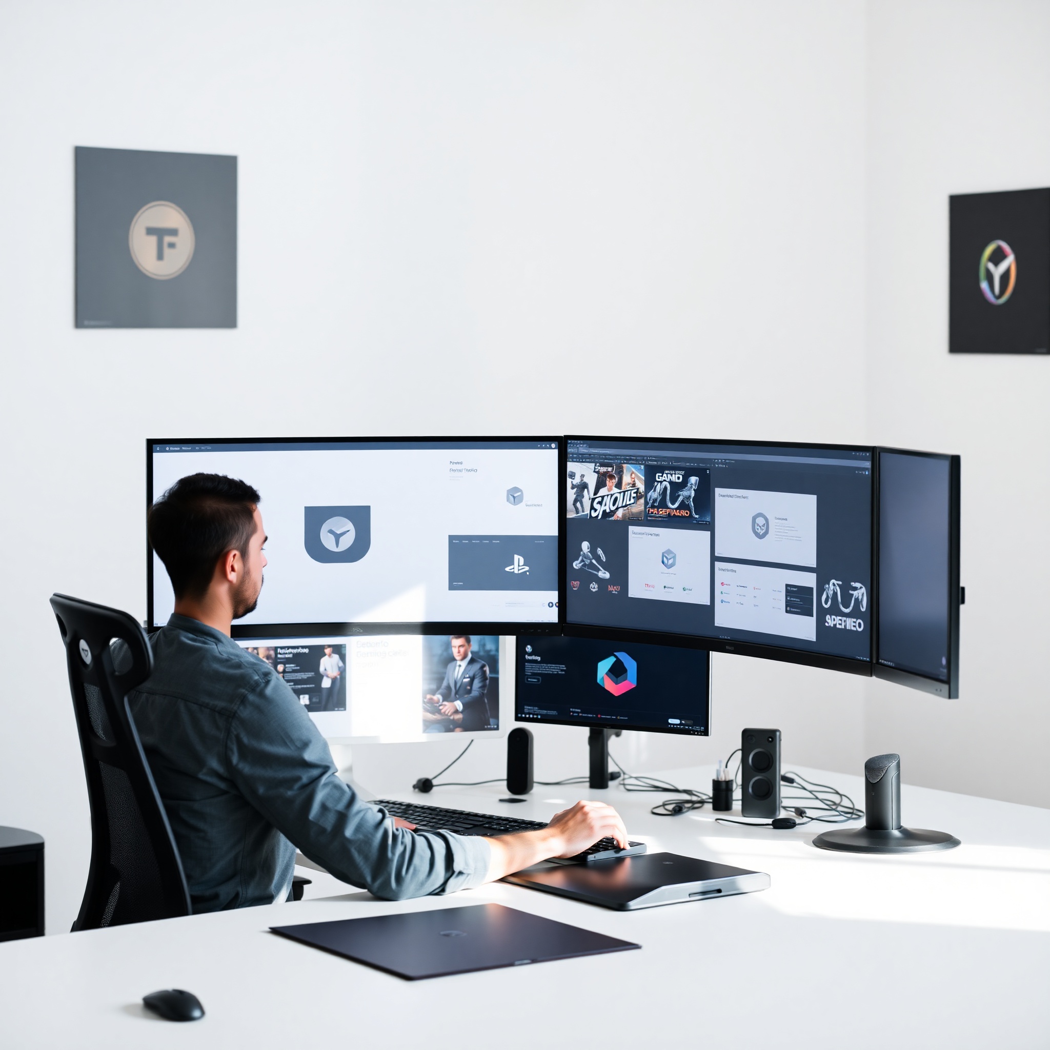 Diseñador creando interfaz minimalista para videojuego con colores sólidos en estudio profesional