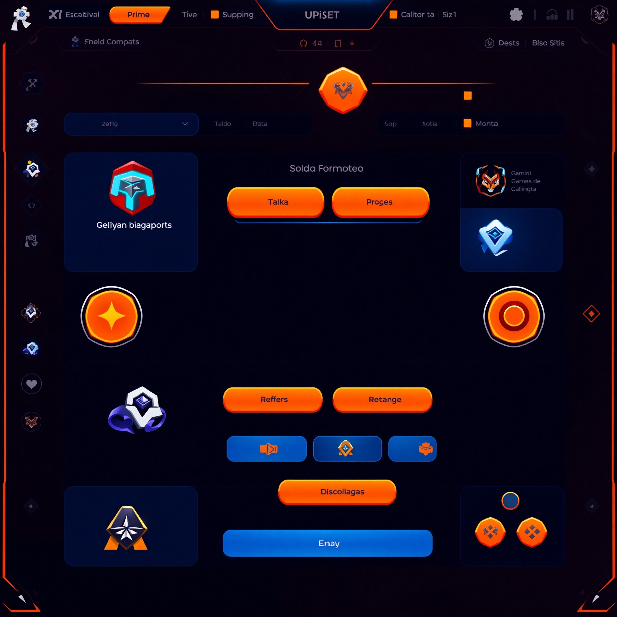 Interfaz de videojuego con paleta de colores vibrantes y sólidos, mostrando menú principal con botones naranja y azul